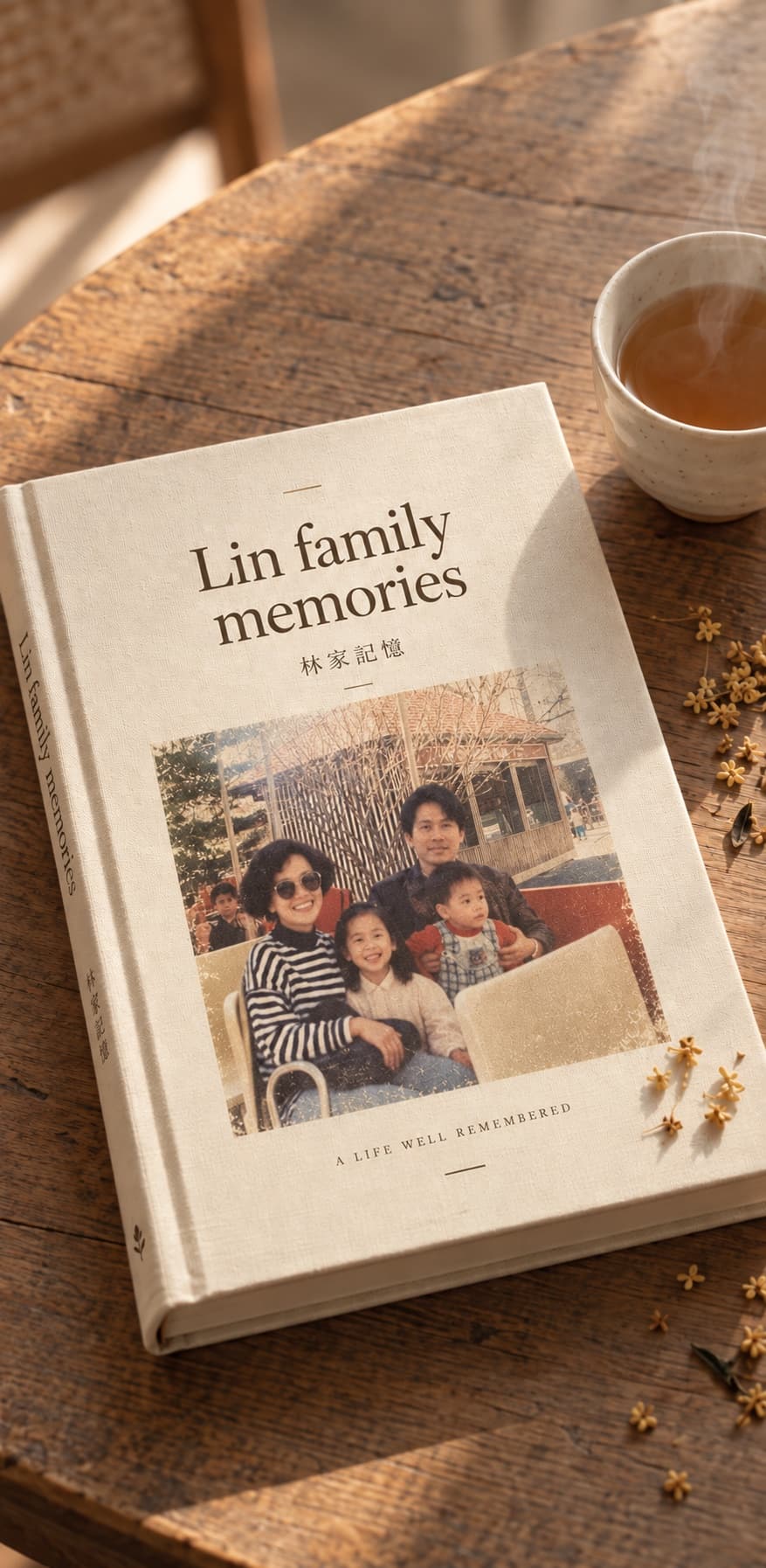 A cream linen hardcover family book on a wooden table, with a family photograph on the cover.